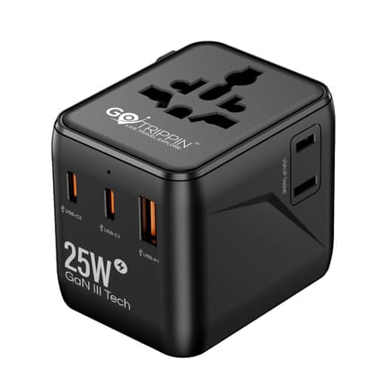 Gotrippin by Destinio Universal Travel Adapter - (25W) 5-in-1 Fast Charging Multi Plug Adapter, 2 Type C; 1 USB A; 1 USA Socket; International All in One Charger Adaptor Black