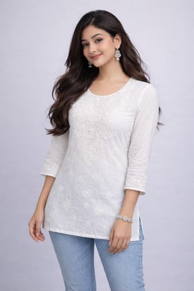 Mrs Right White Cotton Short Top (Length 30 inch) for women and girls,  Machine Chikankari Embroidery -Size 36