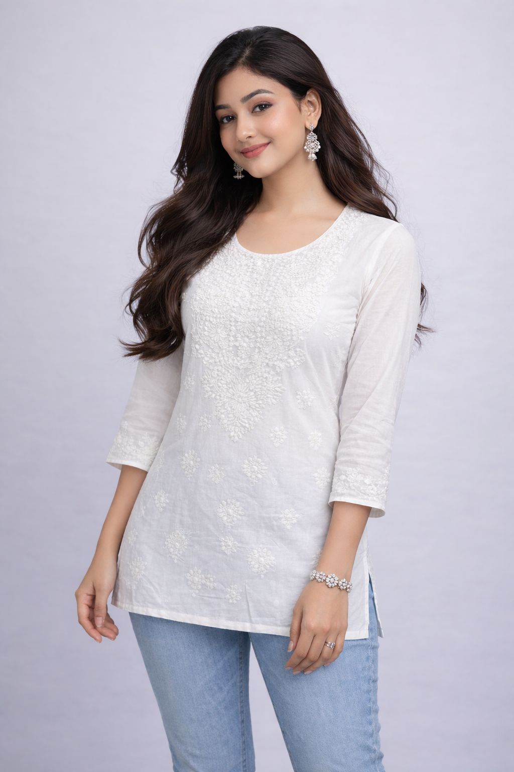 Mrs Right White Cotton Short Top (Length 30 inch) for women and girls,  Machine Chikankari Embroidery -Size 36