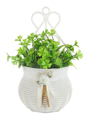 FOLIYAJ Plastic Wall Planter for Office & Home Decoration | Indoor Wall Mounted Planters | Hanging Planters for Living Room |Wall Hanging with Green Daisy Plant Bush |White, Height 25 CM x Width 14 CM