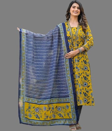 A TO Z CART Women Cotton Blend Printed Straight Kurti With Pants ( Yellow )