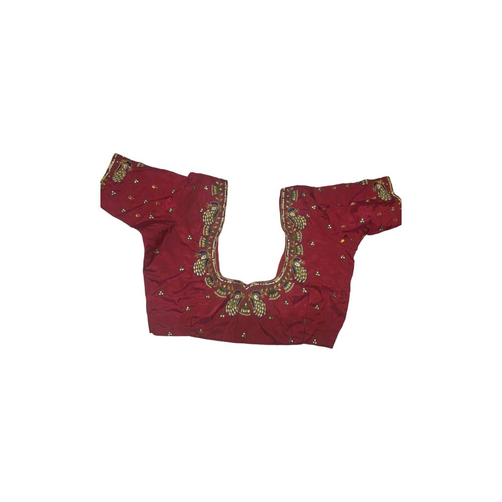 Red Hand Embroidered Peacock Blouse With Zari Work