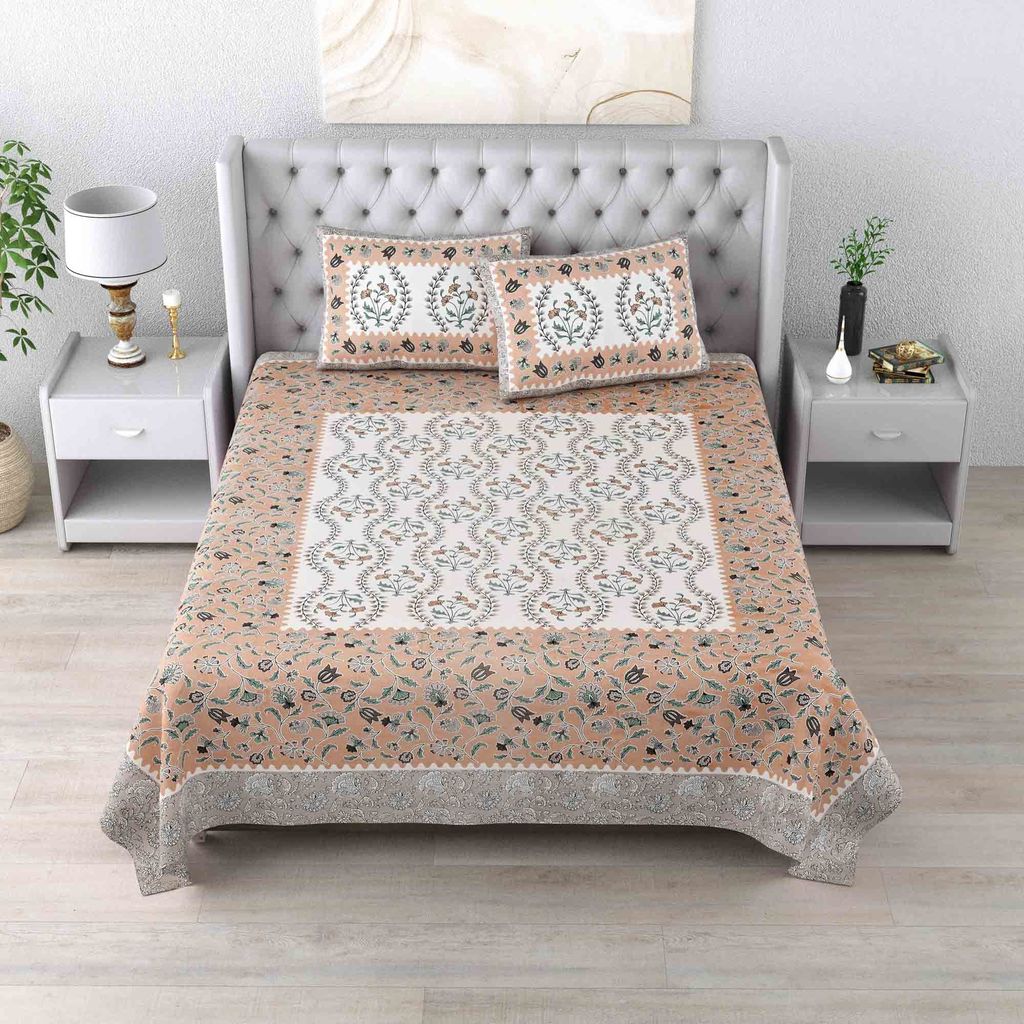 Designer Sanganeri Jaipuri Pure Cotton Double Bedsheet with Matching Covers