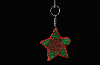 Crochet Star Keychain – Handmade Brown & Green with Red Border