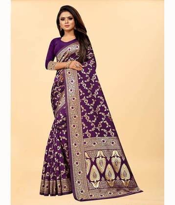 Gazal Fashions Banarasi Silk Embellished Saree With Unstitched Blouse Piece ( Wine )