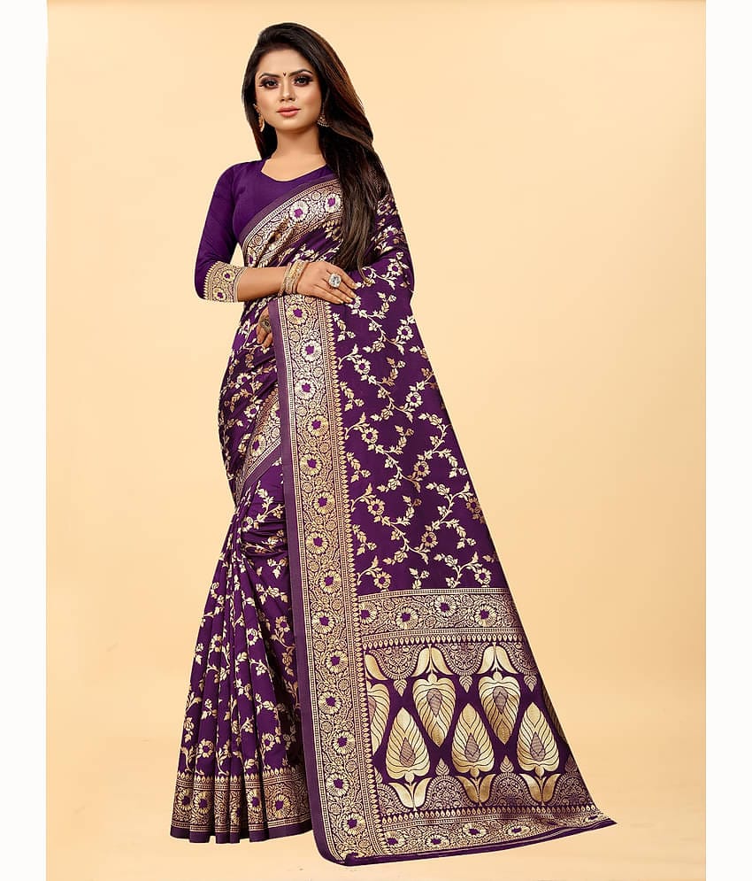 Gazal Fashions Banarasi Silk Embellished Saree With Unstitched Blouse Piece ( Wine )