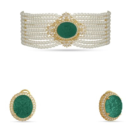 Angelica - Carved Doublet & Pearl Choker-Gold & Green Emerald Doublet