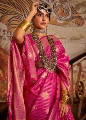 Rani Pink Woven Banarasi Silk Saree