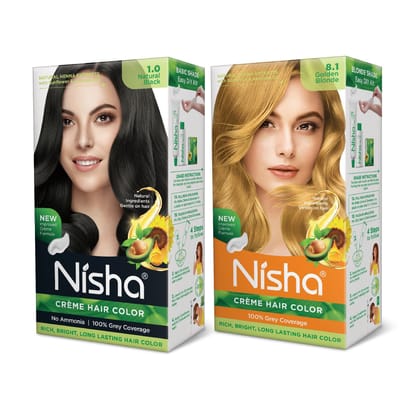 Nisha Creme Hair Color Combo, Pack of 2 Natural Black & Golden Blonde