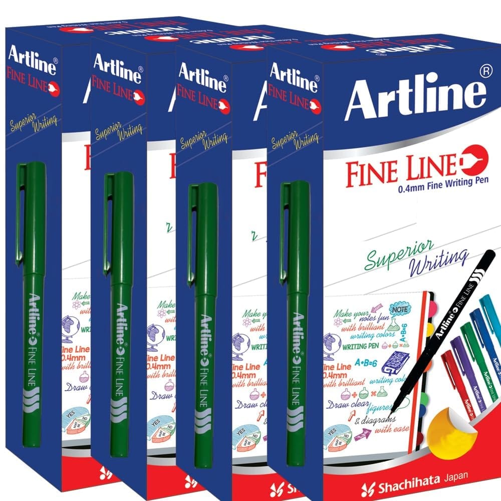 Artline Fine Line Pen Pack of 10 (GREEN) of Box 4 | For Superior Writing by Artists, Designers, and Students