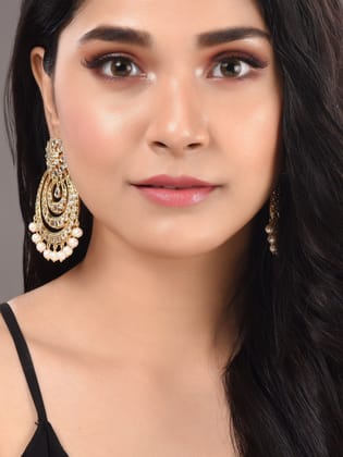 Gold Plated Contemporary Chandbali AD Studded Pearl Drop Earrings