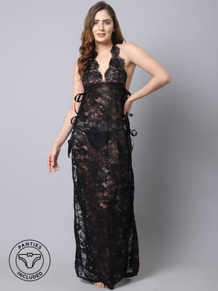 Overall Net With Side Ribbon Long Gown - Black-XL / Black