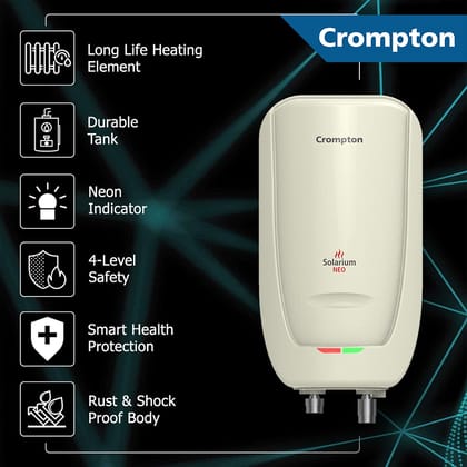 Crompton Solarium Neo 3-Litre, 3KW Instant Water Heater/Geyser with Rust Free ABS Body (Ivory) Crompton Solarium Neo 3-Litre, 3KW Instant Water Heater/Geyser with Rust Free ABS Body (Ivory) - Ivory / 03 Ltr