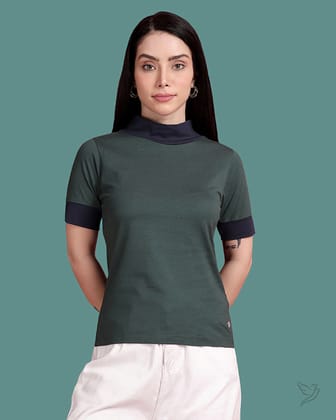 High Neck - Colour Block Top - Bottle Green-S / Bottle Green