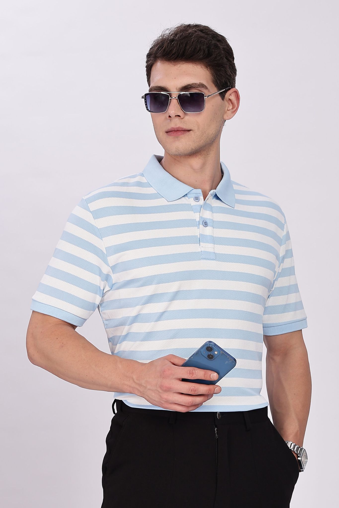 Puff Cotton Sky Blue & White Striped Polo
