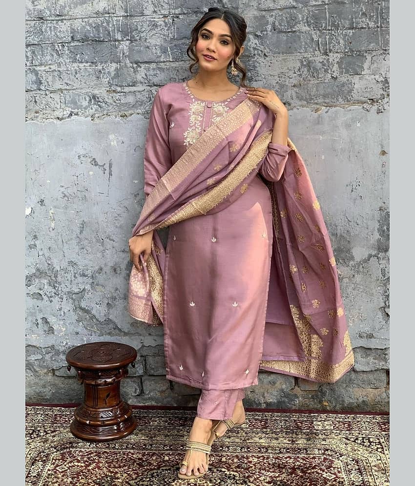 Niza Fashion Viscose Embroidered Kurti With Pants Women's Stitched Salwar Suit - Beige ( Pack of 1 )