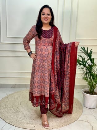 Farhat Kalamkari Anarkali Suit set-Red Colour-M