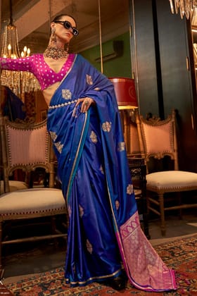 Dark Blue Handloom Woven Banarasi Satin Silk Blend Saree