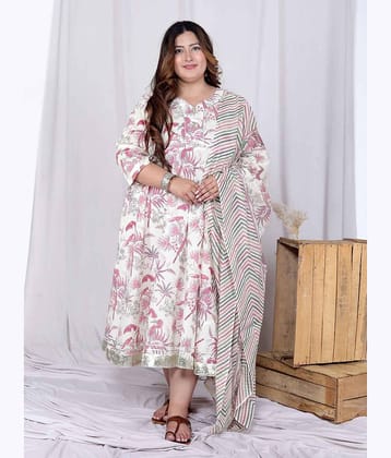 miravan Women Cotton Printed Anarkali Kurti with Dupatta ( Pink )