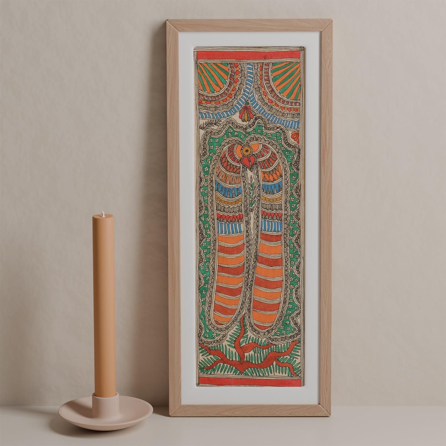 Madhubani Birds Painting 5.11 x 15.9 Inches ( Unframed )-Multi-colour / 5.11 inches x 15.9 inches / Paper