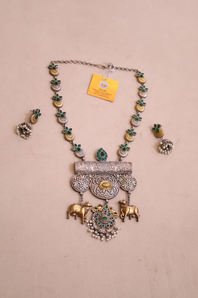 Antique Style Necklace with Green Stones, Silver-Gold Dual Tone, Elephant Charms and Pearl Clusters