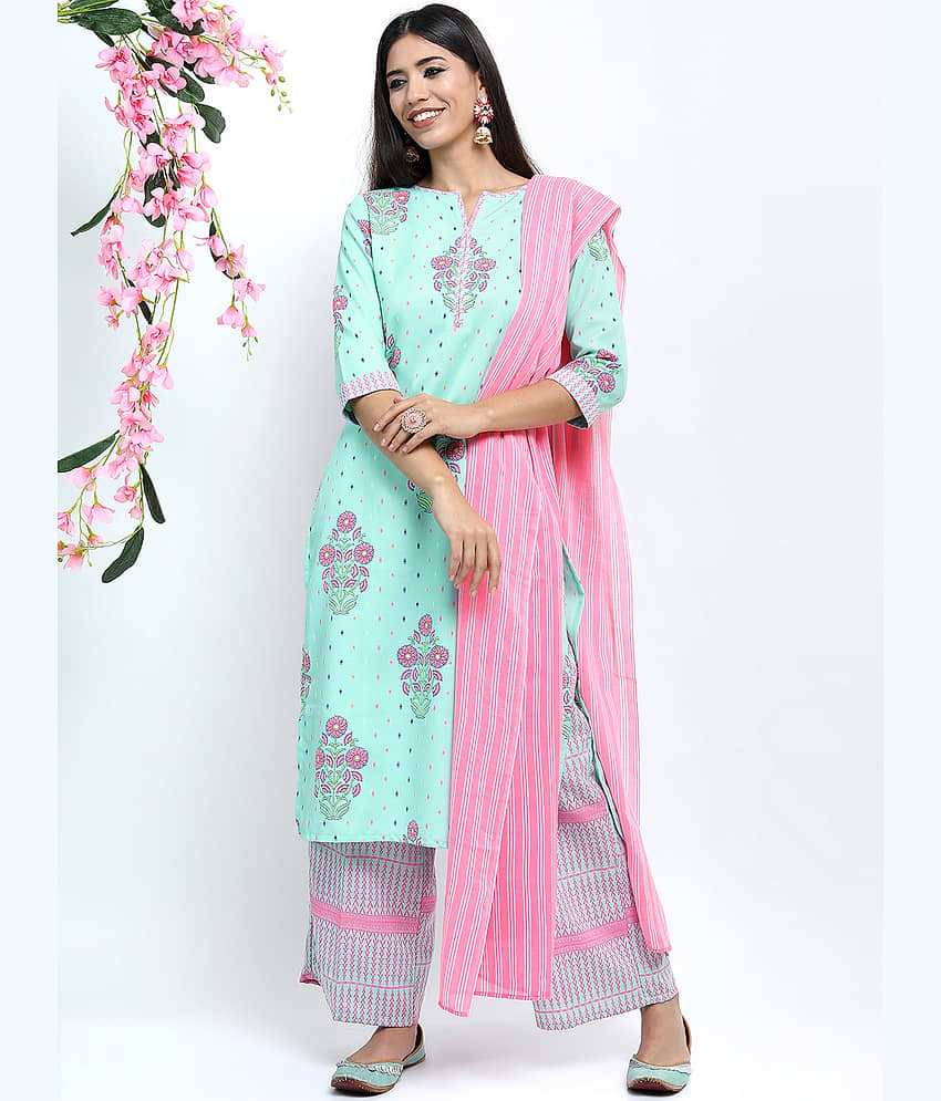 Vishudh Women Cotton Blend Printed Straight Kurti With Palazzo ( Multicolor )