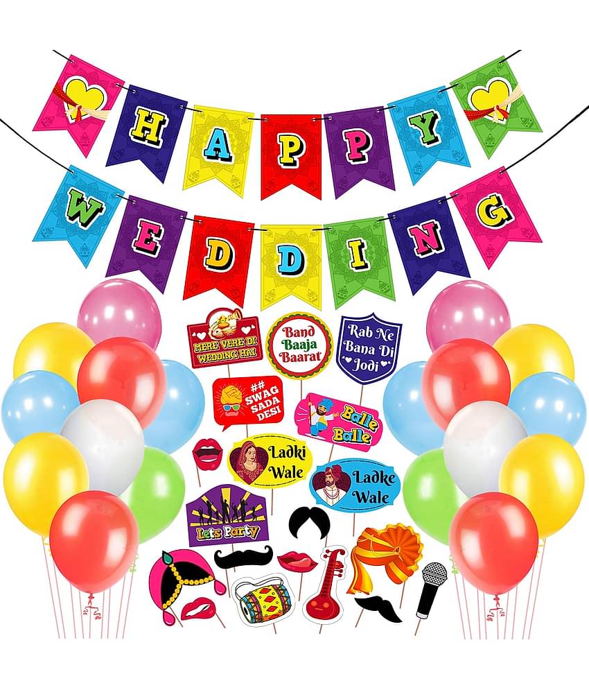 ZYOZI™ Fully Assembled Wedding Photo Booth Props 1 Set Photo booth Props + 1 Set Banner + 25 Ps Multicolour Metallic Balloons for Wedding Photo Booth Props - Set of 45 Combo Wedding Photo Booth Props Printed Pieces Party Supplies