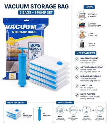 Vacuum Storage Bags Pack of 5 with Hand Pump | Reusable Waterproof Vacuum Compression Bags | Airtight Space Saver Ziplock Bags for Clothes, Blankets, Winterwear, Bedding & Travel Vacuum Storage Bags Pack of 5 with Hand Pump | Reusable Waterproof Vacuum Compression Bags | Airtight Space Saver Ziplock Bags for Clothes, Blankets, Winterwear, Bedding & Travel