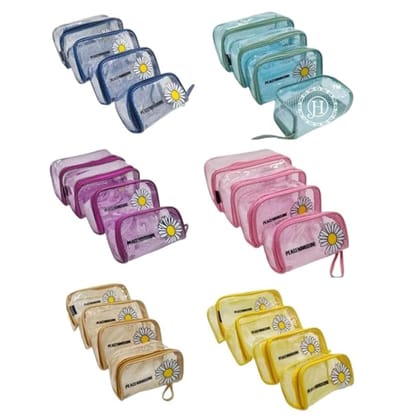 Jewel Palace Set of 4 Multipurpose Transparent Floral Plastic Box, Travel Pouch, Toiletry Kit, Makeup Bag, Cosmetic Pouch for Women, Shaving Kit, Toiletry Bag for Men (Gold)