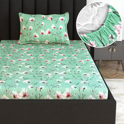 Blossom Haven Mint Deep Pocket Elastic Fitted Bedsheet For Single Bed-Single / Blossom Haven Mint / FL-2007-FSB