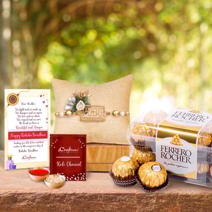 Designer Pubg Wala Bhai Rakhi with Ferrero Rocher (16 pcs) and Roli Chawal Pack, Best Wishes Greeting Card