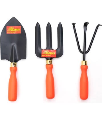 GLOBUS STEEL GARDEN TOOL SET/3 PCS ( BIG TROWEL, WEEDER FORK AND HAND CULTIVATOR ) ORANGE COLOUR PLASTIC HANDLE