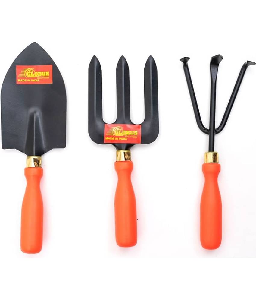 GLOBUS STEEL GARDEN TOOL SET/3 PCS ( BIG TROWEL, WEEDER FORK AND HAND CULTIVATOR ) ORANGE COLOUR PLASTIC HANDLE