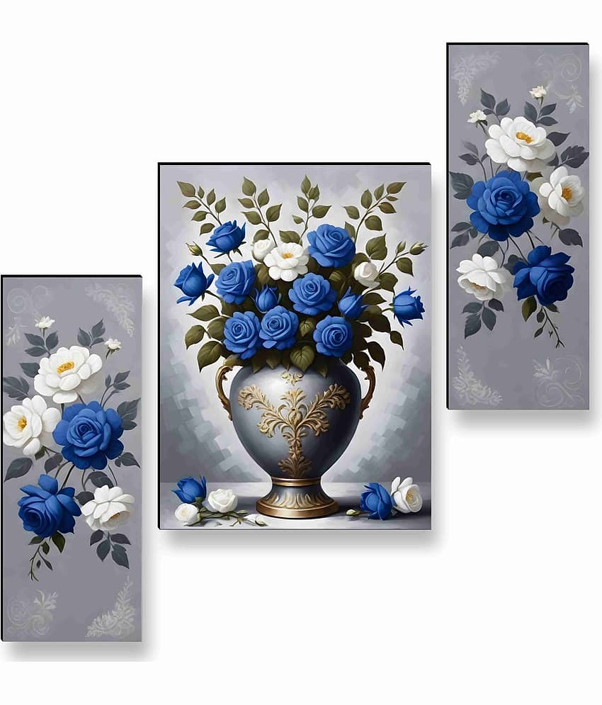 Livin'luxe Blue & White Rose Bouquet Wall Art – 3 Panel Flower Vase Painting with Royal Detailing for Drawing Room & Hall Décor 12 Inch x 20 Inch