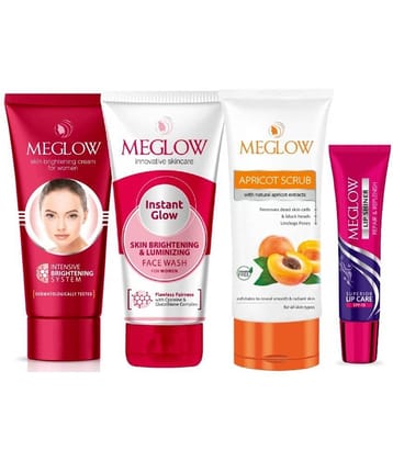 Meglow Skin Cream for Women 50g,Instant Glow Facewash 70g ,Apricot Scrub 70g & Lip Shiner 15g Combo