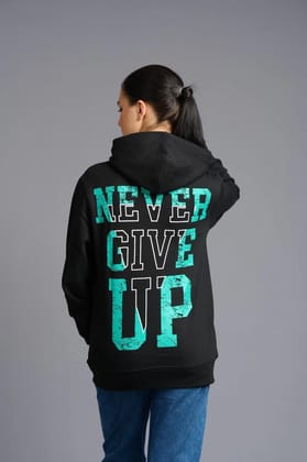 Never Give Up (in Green) Printed Black Hoodie for Women S