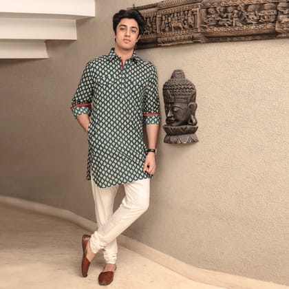 green men's printed shirt collar cotton kurta-S