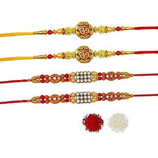 (Pack of 4) Antiqworld Gold Plated Stone Rakhi Set For Brother/Bhaiya/Bhai/Bhabhi