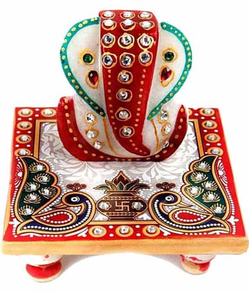 Sajawat Bazaar Traditional Makrana Marble Lord Ganesha With Peacock And Kalash