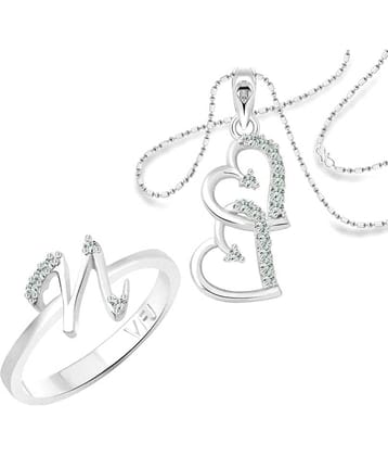Vighnaharta "N" Alphabet Ring with Heart Pendant (1188FRR-1216PR) CZ Rhodium Plated Alloy Combo set for Women and Girls