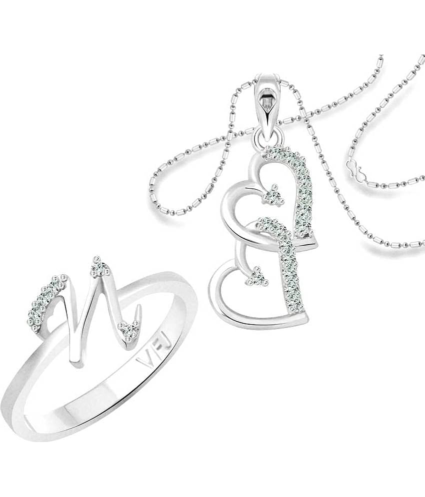 Vighnaharta "N" Alphabet Ring with Heart Pendant (1188FRR-1216PR) CZ Rhodium Plated Alloy Combo set for Women and Girls
