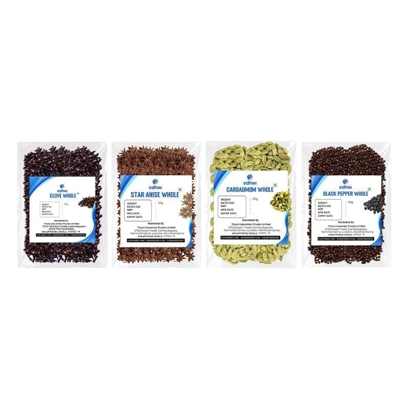 EDHWI Spice Combo - Black Pepper 50gm, Star Anise 25gram, Clove 25g & Cardamom 25gm - Natural Spices for Cooking, Baking & Spice Blends