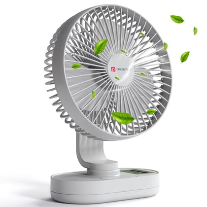 Portronics Airloop Portable Rechargeable Desk Fan Automatic 92° Oscillation, 6.1 Inch Blade, BLDC Motor, 90° Tilt, 3 Speed Modes, Dual 2000mAh Battery, Type-C Charging, Low Noise, for Home & Office Use - White