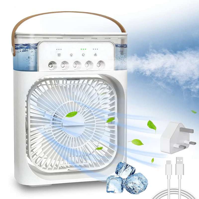 Mini Cooler Fan with LED Light | Rechargeable USB Air Cooler | 3 Wind Speeds & 3 Spray Modes Portable Cooling Fan