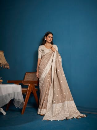 Light Brown Soft Linen silk with Chikhankhari Weaved Border Designer Saree