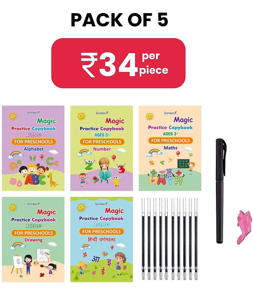 Gurukanth SANK Magic Practice Copybook English & Hindi, (5 BOOK+10 REFILL+1 pen+1 grip) Number Tracing Book for Preschoolers with Pen, Magic Calligraphy Copybook Set Practical Reusable Writing Tool Simple Hand Lettering