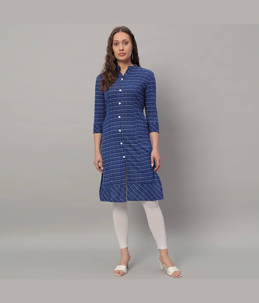 Glito Cotton Blend Checks Front Slit Women's Kurti - Blue ( Pack of 1 )