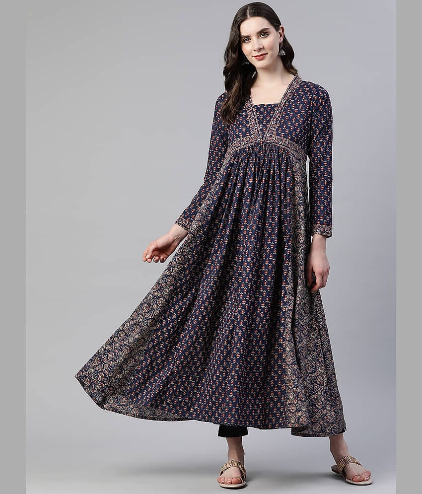 Vbuyz - Blue Cotton Women's Anarkali Kurti ( Pack of 1 )