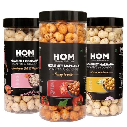 GOURMET MAKHANA Roasted in Olive Oil | Flavors Tangy Tomato, Cream & Onion and Himalayan Salt and Pepper | Combo Of 3, 65g Each. - 195 gm