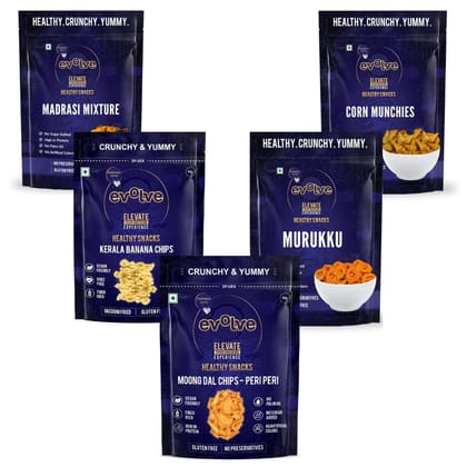 Murukku, Banana Chips, Madras Mixture, Corn Munchies, Moong Dal Chips pack of 5